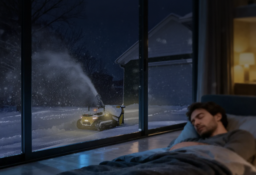 Man sleeps peacefully indoors as a robotic snowblower clears snow outside at night, viewed through large glass windows.