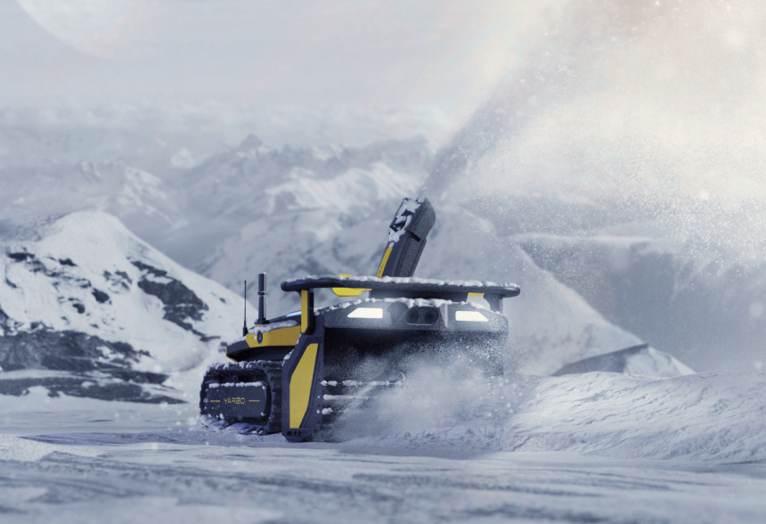 Yellow and black tracked robot plows snow in mountainous terrain, kicking up powder, with "VARBO" visible on track.
