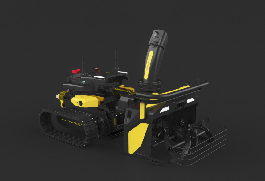 Black and yellow YARBO robotic lawn mower with tracked wheels and mowing deck, shown on dark background.