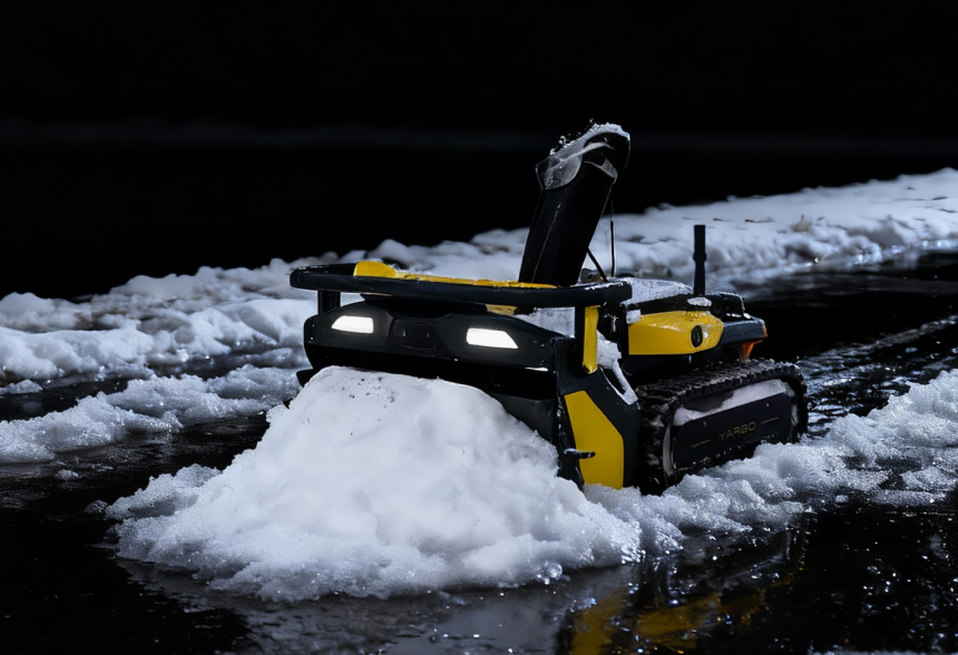 Yellow and black snow-clearing robot with illuminated headlights pushes snow on dark, wet ground. "VARBO" visible on track.