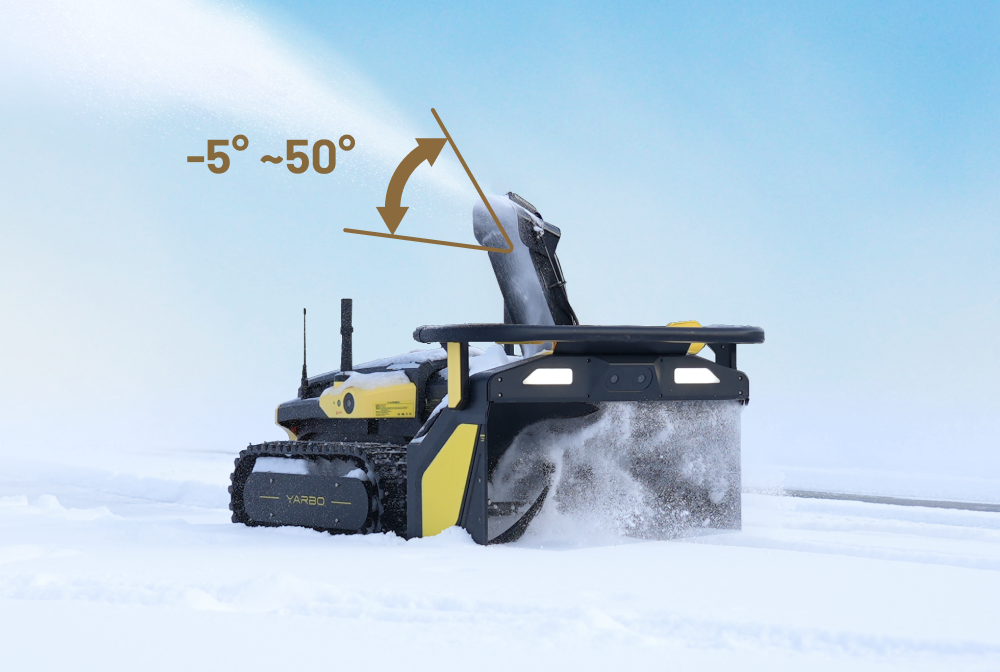 Yellow and black YARBO snow blower clearing snow, with adjustable chute angle -5° to 50°, on snowy ground under bright sky.