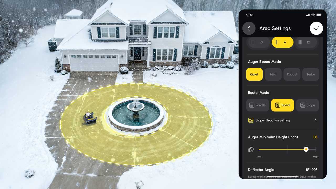 Robot snow plow clears circular patio around fountain; app settings shown on right, yellow spiral path highlighted.