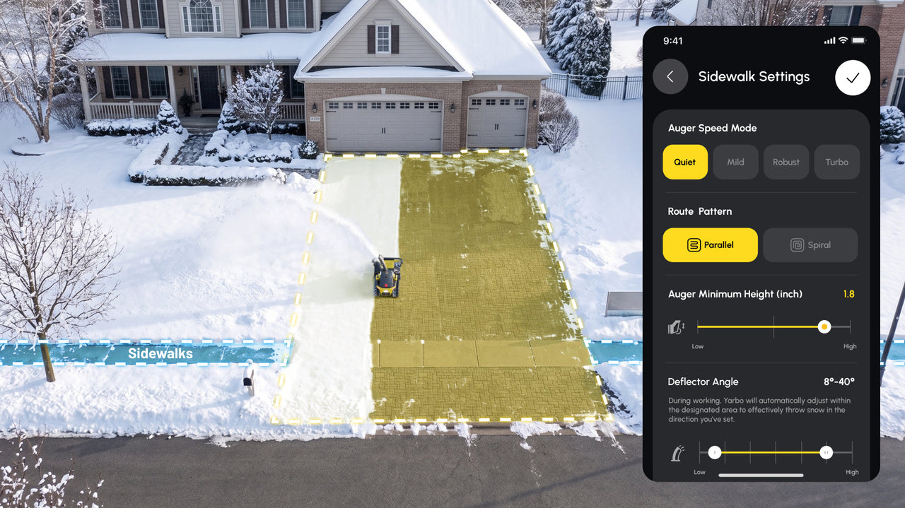 Robot snow blower clears driveway in snow-covered yard; app interface shows sidewalk settings, quiet mode, parallel route, and deflector angle controls.