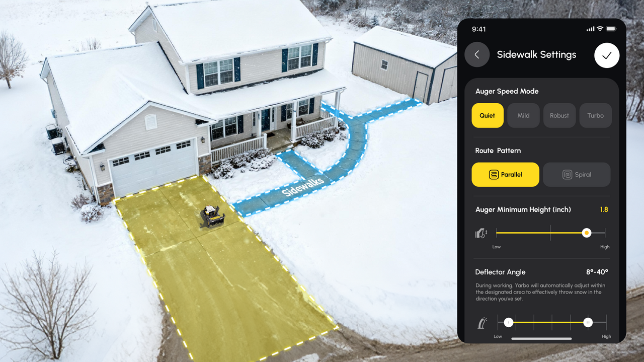 Aerial view of a snow-covered home with a robotic snow blower clearing the driveway, overlaid with a smartphone app interface showing sidewalk settings, auger speed, route pattern, and deflector angle controls.