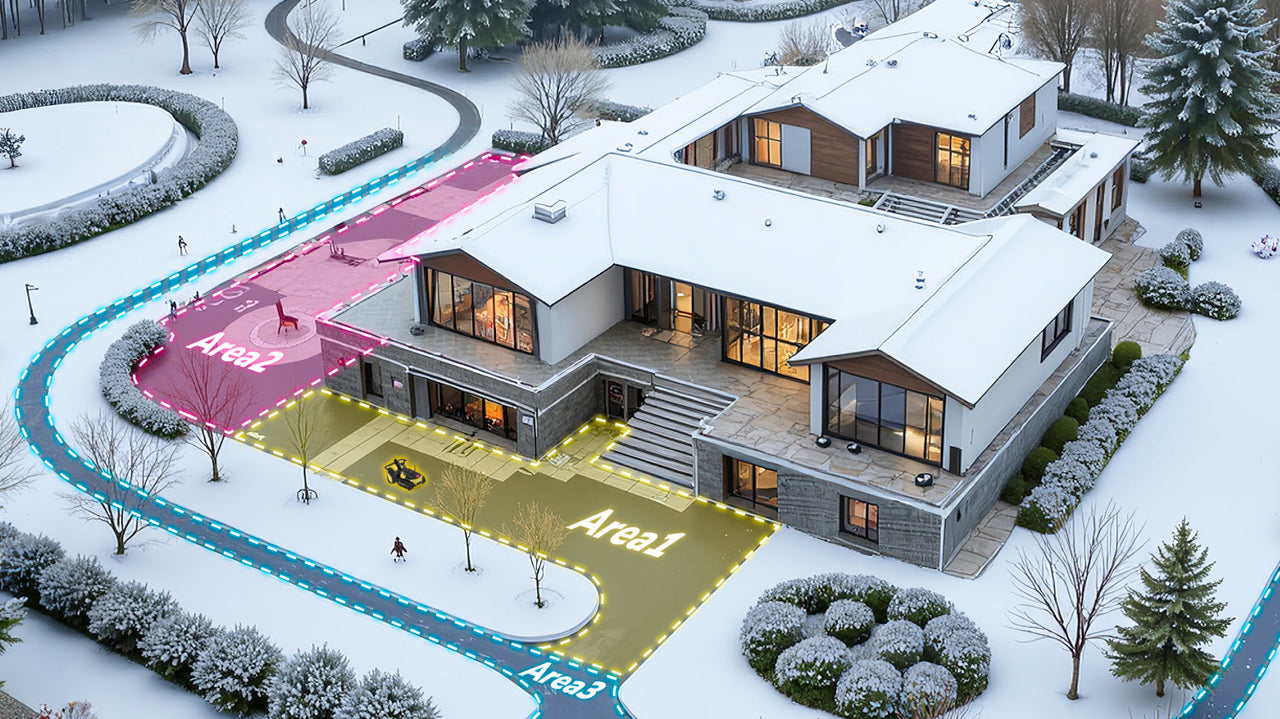 Modern snow-covered home with illuminated zones labeled Area 1, 2, 3, surrounded by trees and pathways.