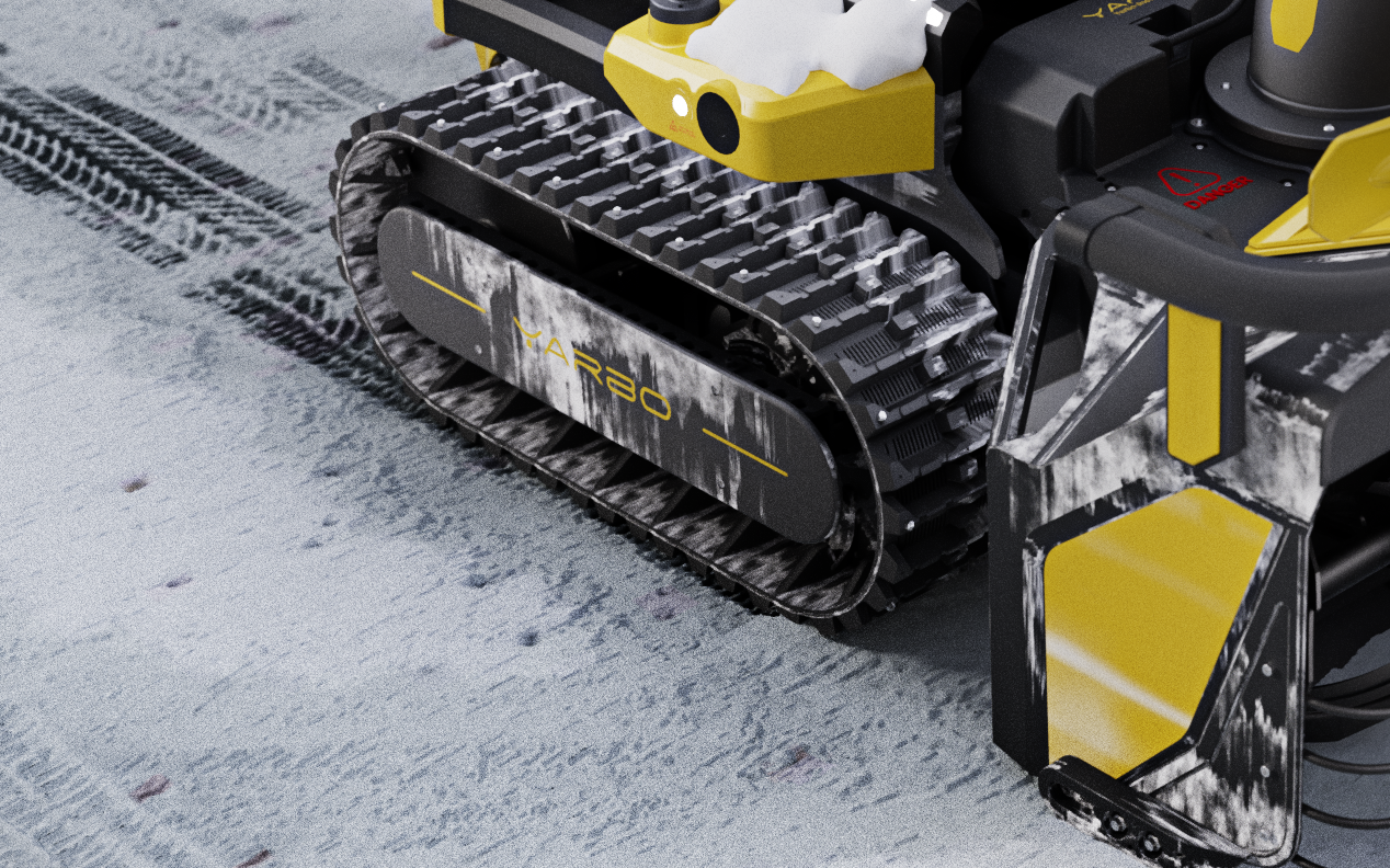 Close-up of black and yellow YARBO tracked robot on textured ground, showing treads and sensor, with "YARBO" branding visible.