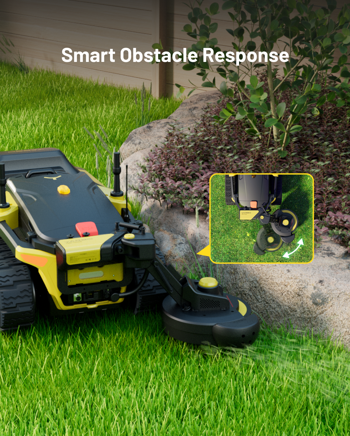 Yellow and black trimmer module with rotating cutting head, attached to robotic lawn mower, shown in grass near rock and shrubs, side view with inset close-up of smart obstacle response feature.