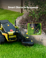 Yellow and black trimmer module with rotating cutting head, attached to robotic lawn mower, shown in grass near rock and shrubs, side view with inset close-up of smart obstacle response feature.