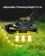Black and yellow trimmer module with adjustable height over grass, side view showing up-down arrows and glowing trim line