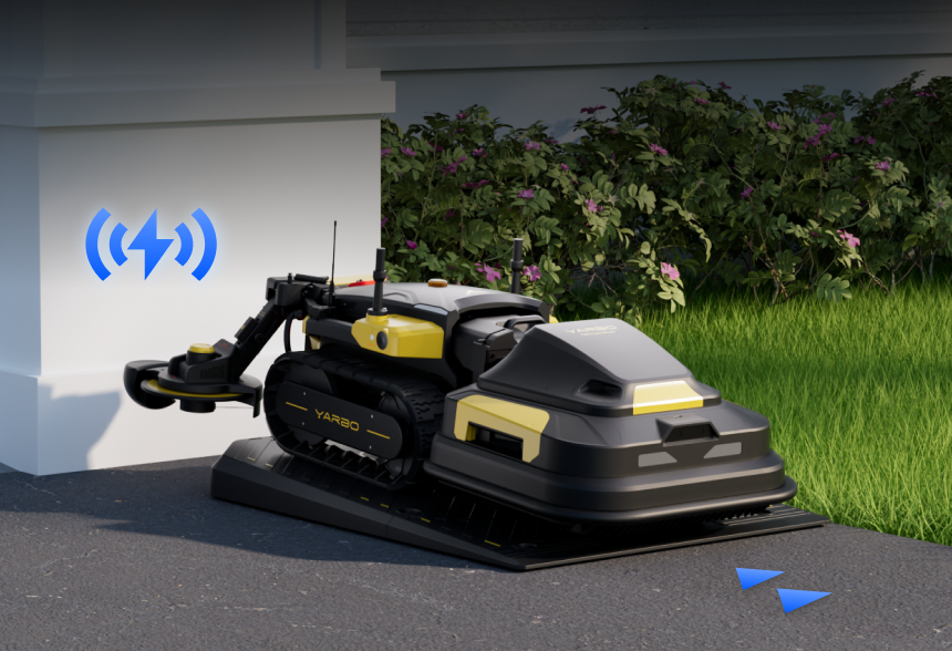 Black and yellow YARBO robotic lawn mower on driveway, near green grass and purple flowers, with blue wireless signal icon on wall.