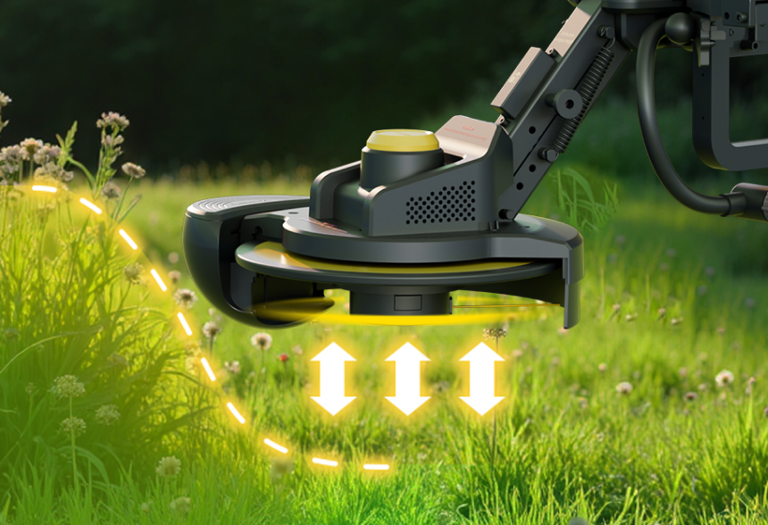 Robotic lawn mower with yellow accents trimming green grass, glowing arrows indicate cutting motion, dandelions in background.