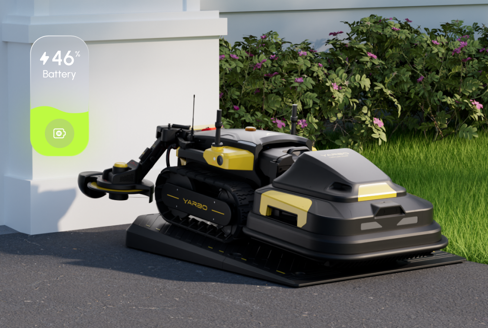 Black and yellow YARBO robotic lawn mower on charging dock, 46% battery, with green grass and purple flowers in background.