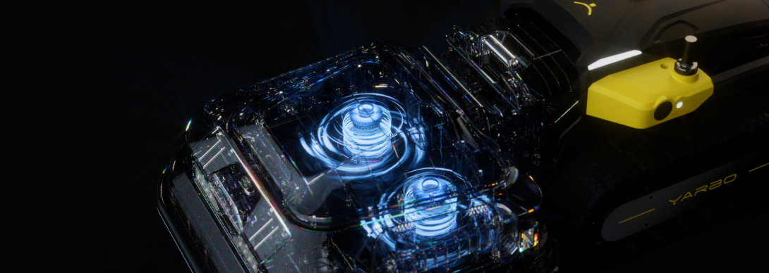 Futuristic black and yellow robot with glowing blue internal components, labeled "YARBO," against dark background.