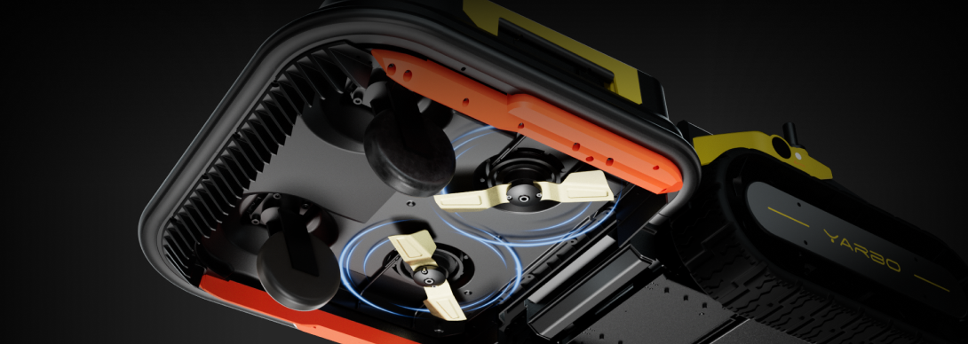 Close-up of YARBO robotic device with orange and black casing, showing internal fans and blue airflow, on dark background.