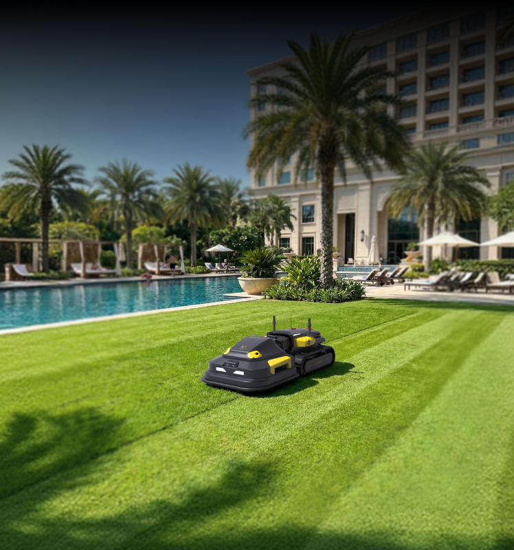 Black and yellow robotic lawn mowers on striped green grass near pool, palm trees, and luxury building.