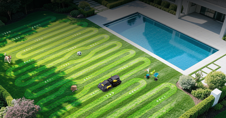 Aerial view of a robotic lawn mower on a striped green lawn beside a blue swimming pool, with a dog, soccer ball, and garden tools nearby.