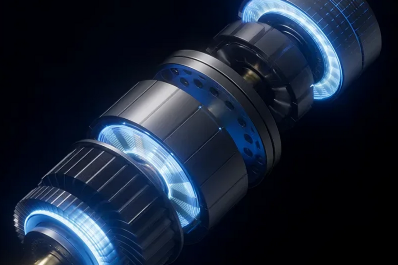 Futuristic metallic device with glowing blue rings and ridged segments against dark background.