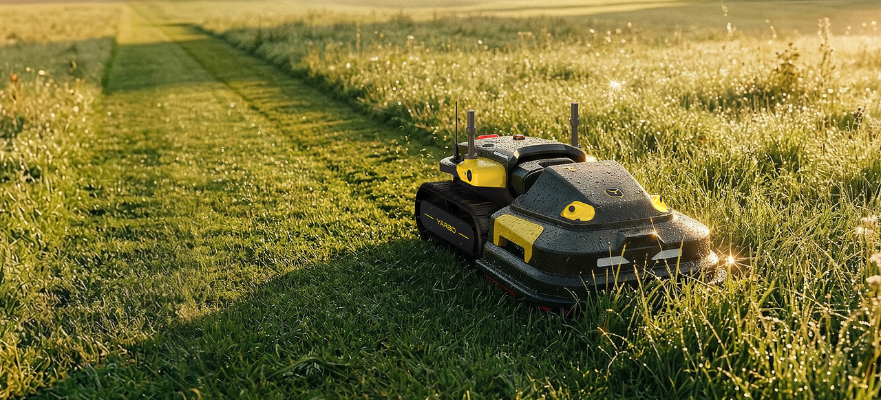 Black and yellow YARBO robotic lawn mower on dew-covered grass in golden morning light.