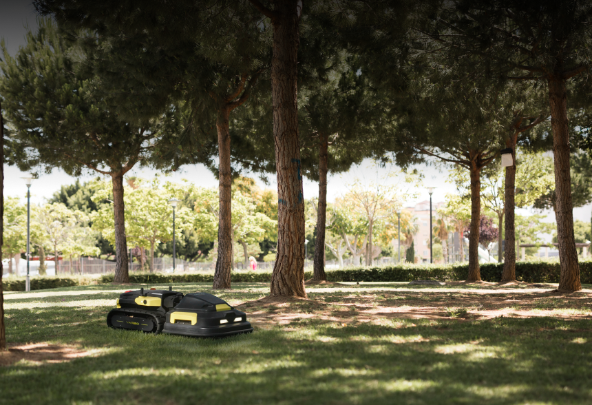 Two black and yellow robotic lawn mowers on grass under tall pine trees in a sunny park.