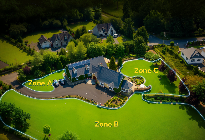 Aerial view of a large house with labeled zones A, B, and C, surrounded by green lawns, trees, and neighboring homes.