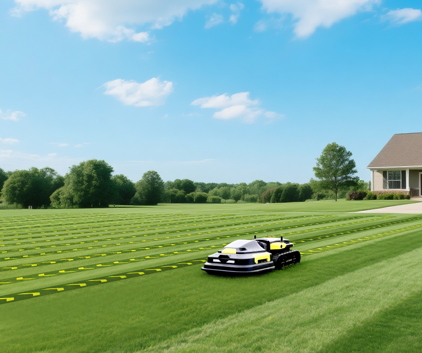 Black and yellow robotic lawn mower on a striped green lawn under a blue sky, near a house.