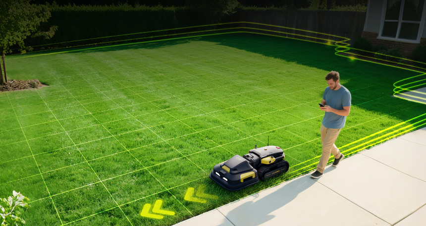 Man walks sidewalk using phone as black and yellow robot mower cuts lawn with green grid and path lines.
