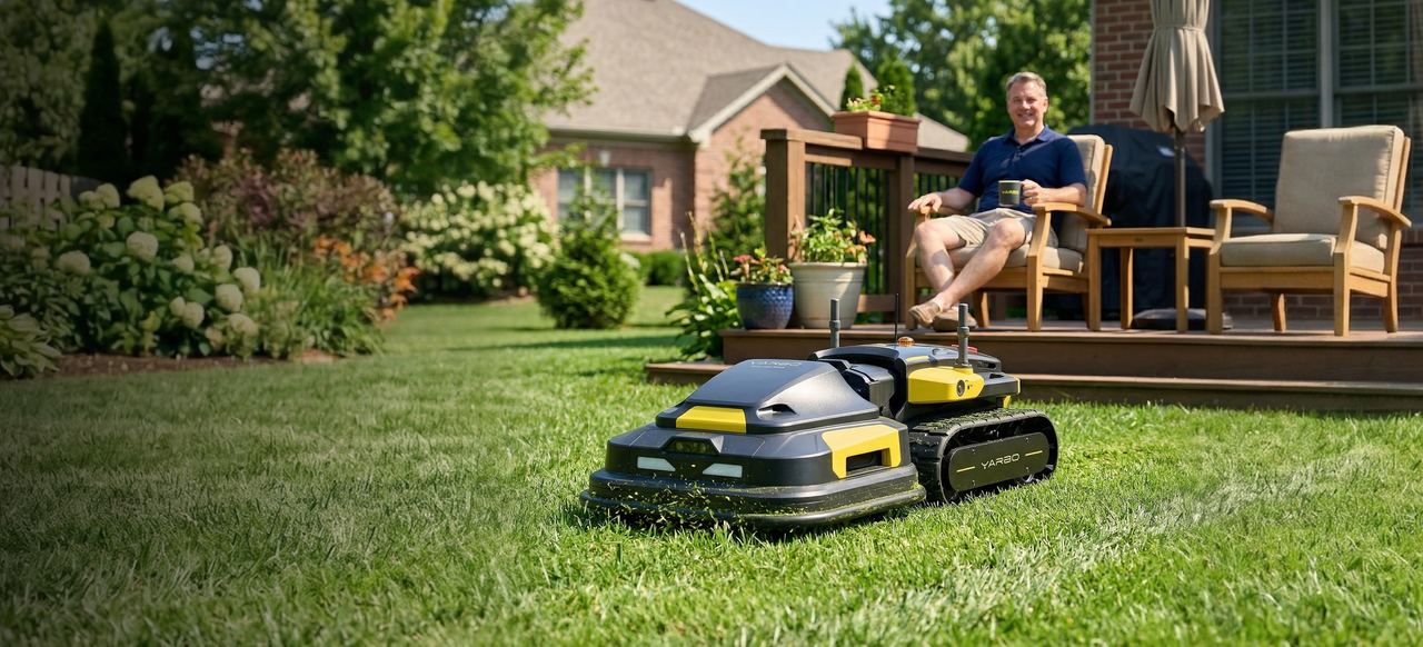 Black and yellow YARBO robotic lawn mower on green grass, man relaxing on deck in background with coffee mug.