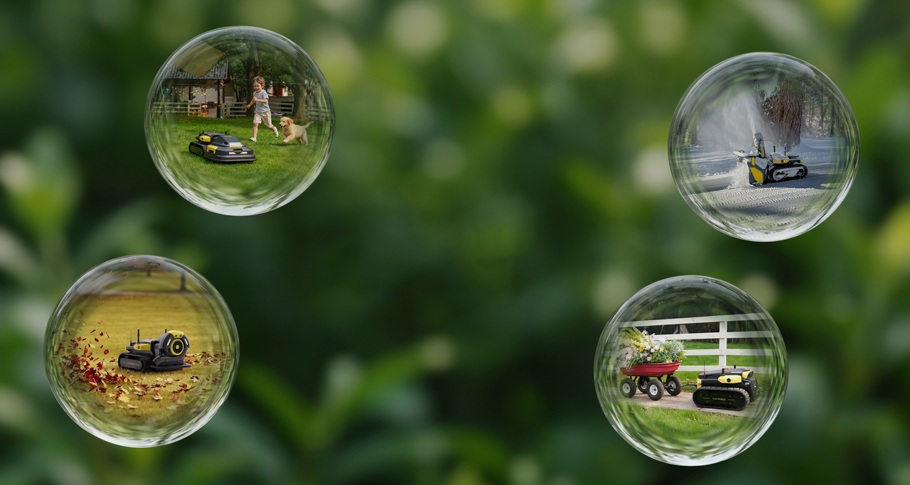 Four clear bubbles show a yellow and black robotic lawn mower in different outdoor scenes: mowing grass with a child and dog, snow plowing, leaf clearing, and pulling a flower-filled wagon, all against a blurred green background.