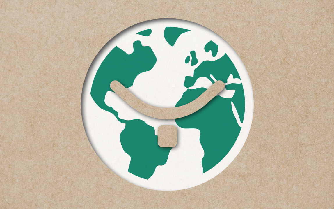 Green and white globe with brown smiley face on textured beige background.