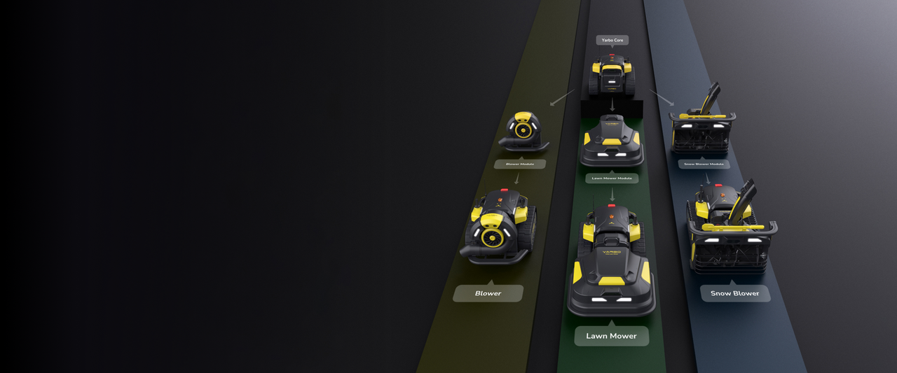 Three black and yellow Yarbo robots with interchangeable modules: blower, lawn mower, and snow blower, displayed on colored tracks with labels.