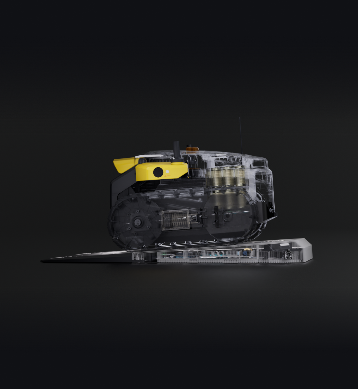 Transparent robotic tank with yellow components and visible internal mechanics on dark background.