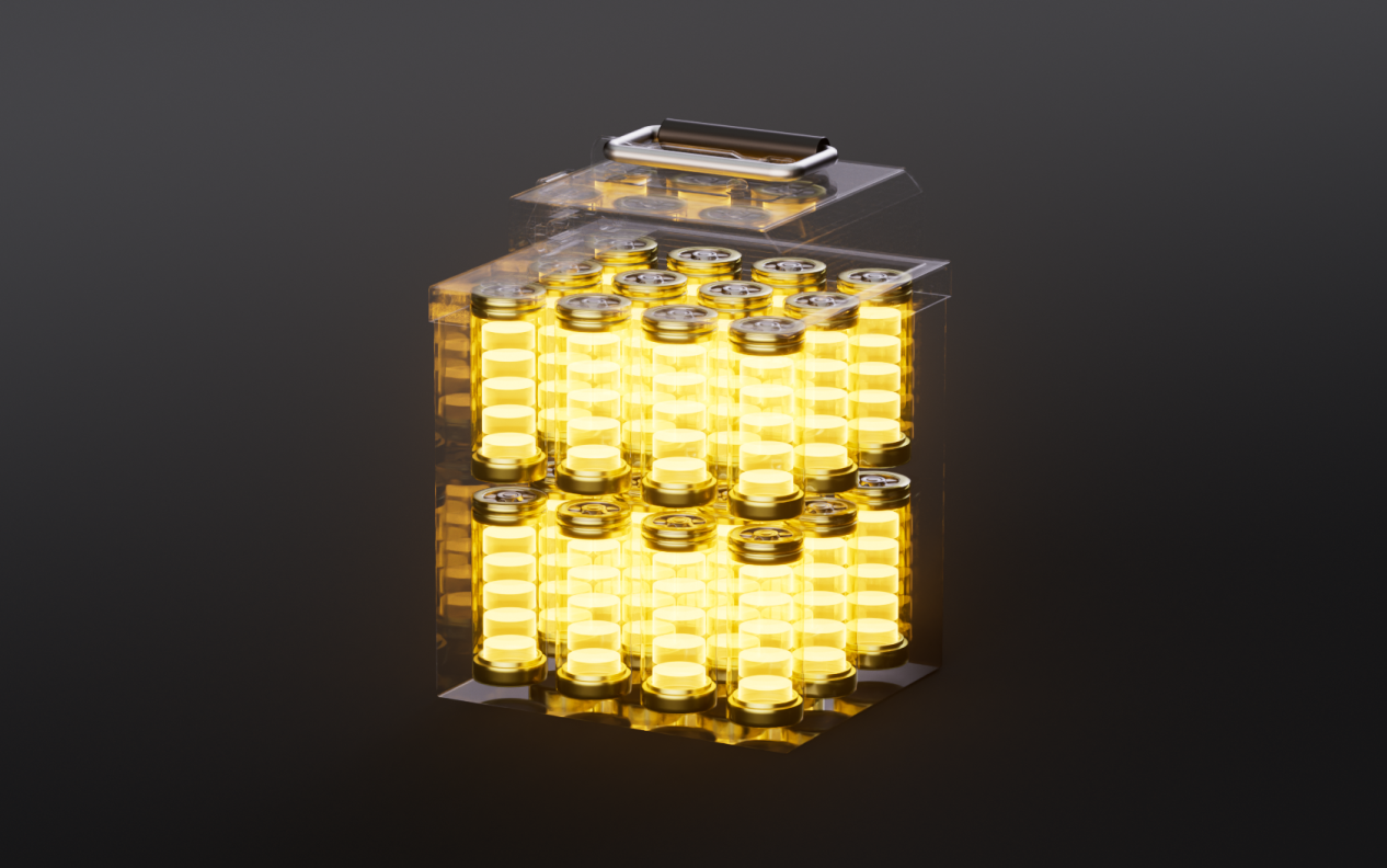 Transparent cube with glowing yellow cylindrical batteries, metallic top handle, dark background.