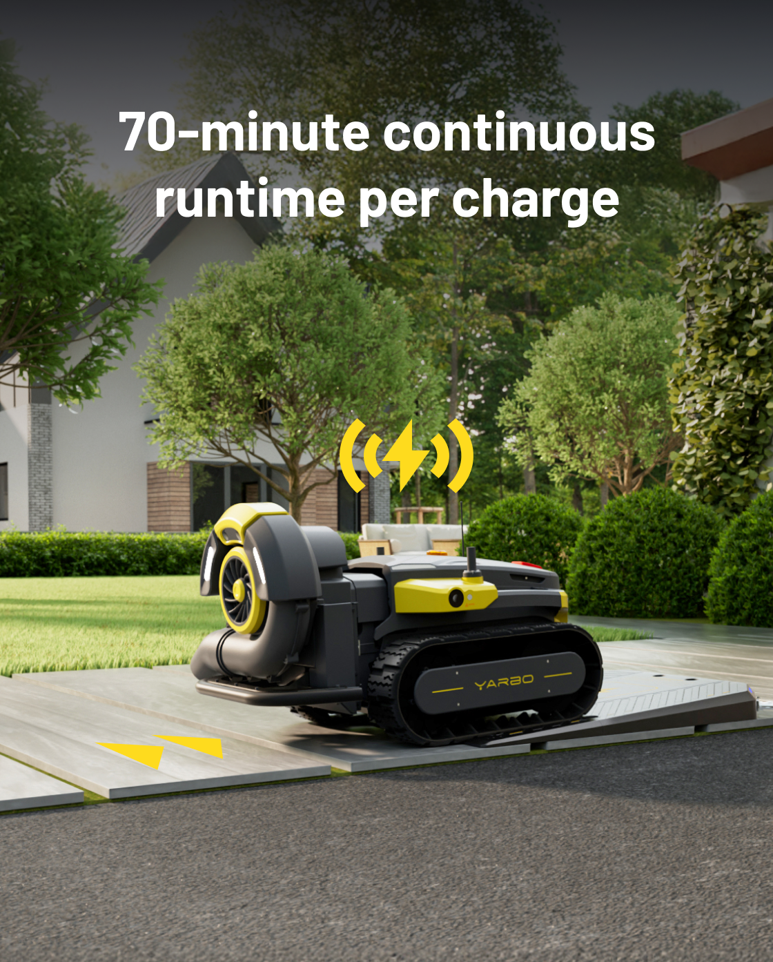 Yellow and black robotic leaf blower by Yarbo on wooden deck, side view, with track wheels and visible fan, in outdoor garden setting.