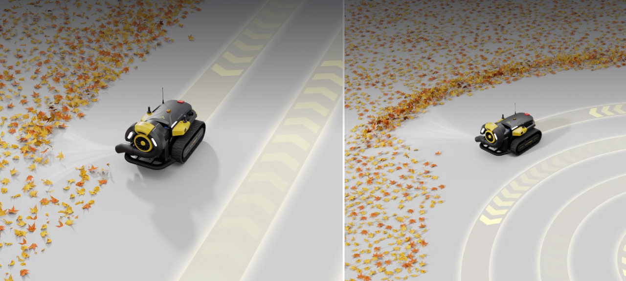 Black and yellow robotic leaf blower cleans autumn leaves on a white path with glowing yellow lines.