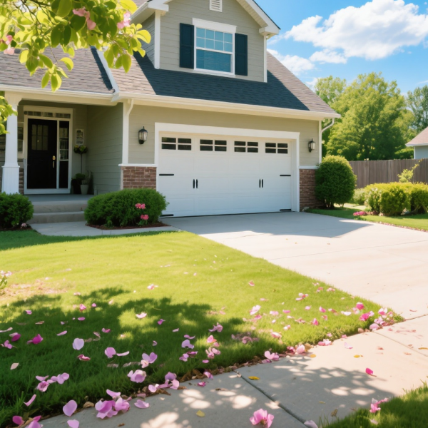 Beige two-story house with white garage, green lawn, pink petals scattered on sidewalk, sunny day with blue sky and trees.