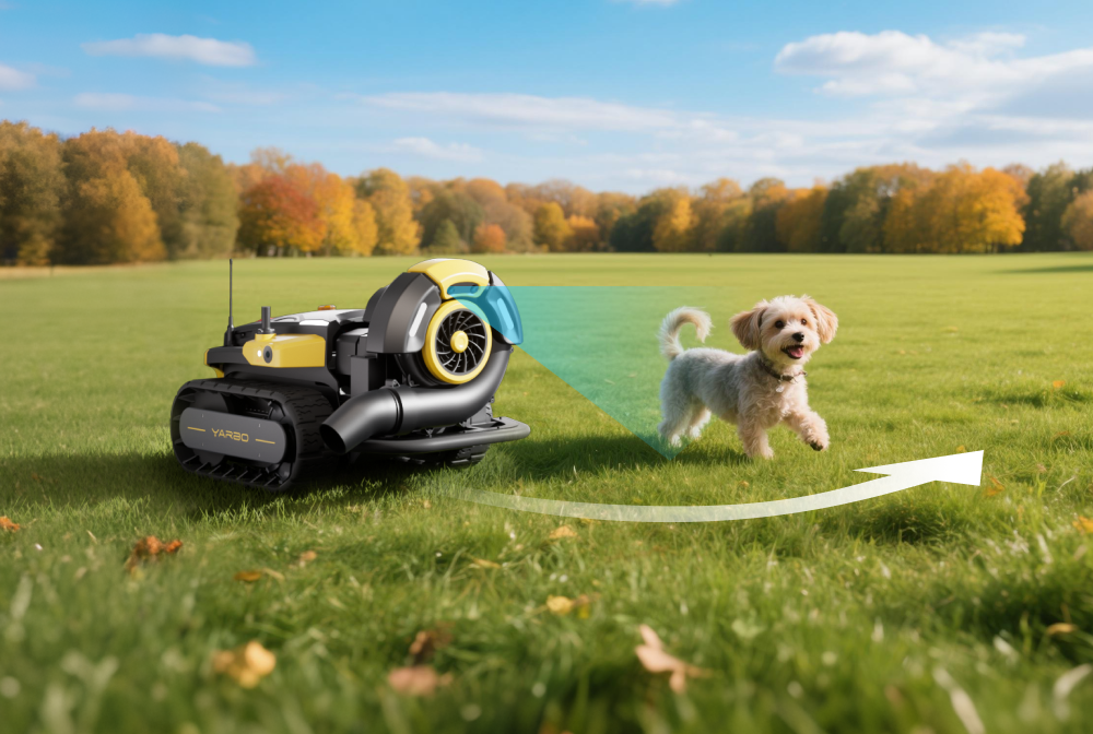 Yellow and black YARBO robot mower on green lawn with small white dog running nearby under blue sky.