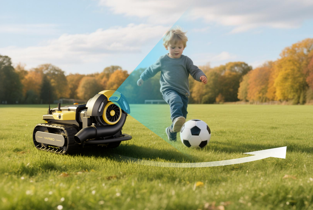 Yellow and black YARBO robot mower on green lawn beside child kicking soccer ball, autumn trees in background.