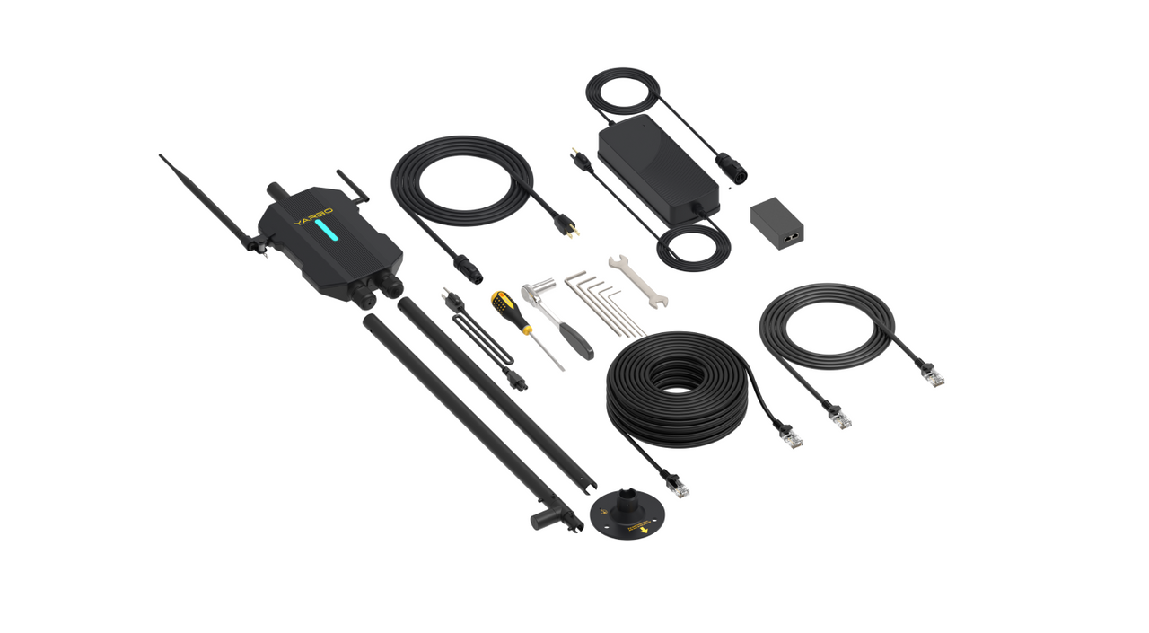 Black YAESU wireless camera system kit with antennas, cables, power supply, tools, and mounting hardware on white background.