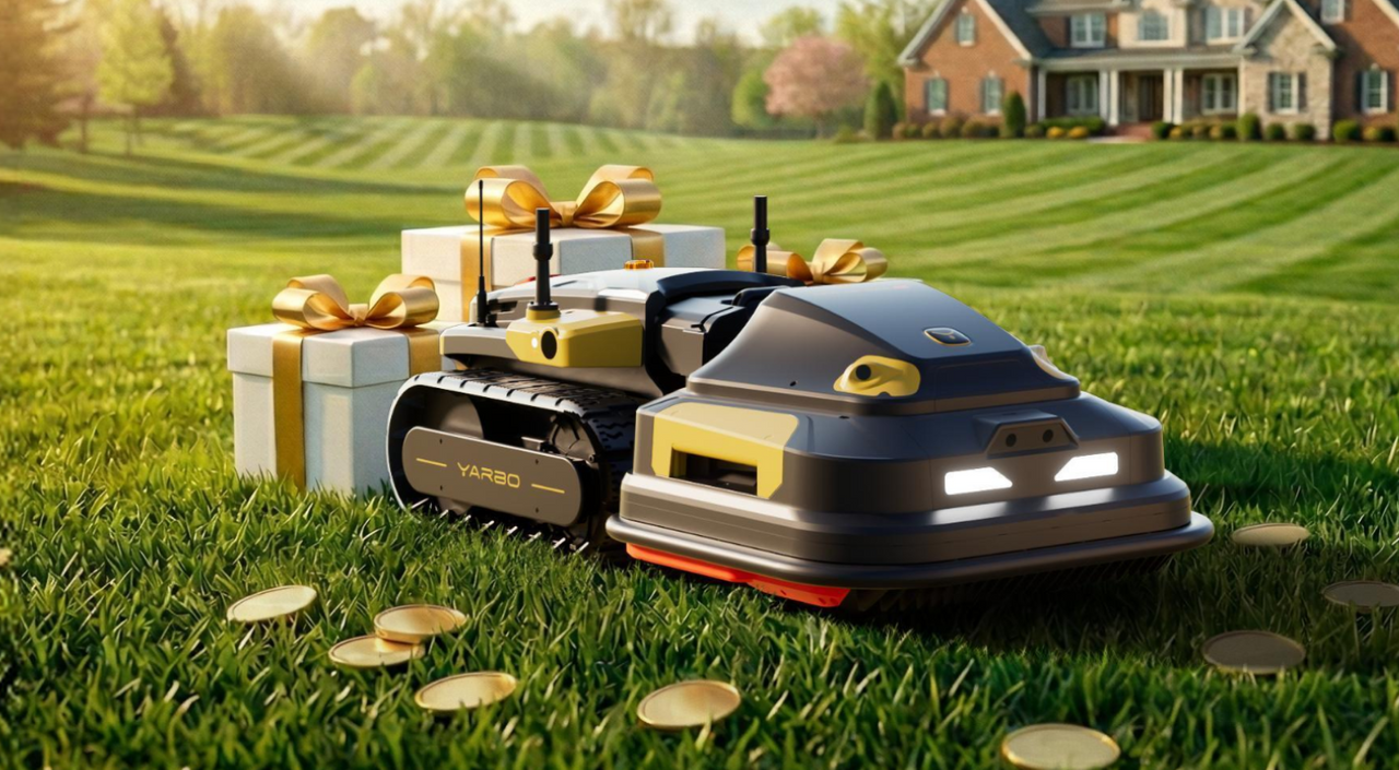 Black and yellow YARBO robotic lawn mower on green grass with gift boxes and coins, suburban house in background.