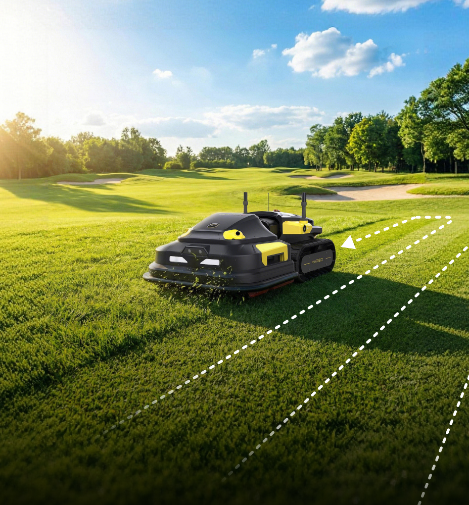 Black and yellow robotic lawn mower on vibrant green golf course under bright blue sky with white clouds.