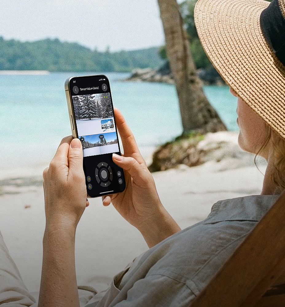 Woman in straw hat on beach uses smartphone to browse winter travel photos, turquoise water and palm trees in background.