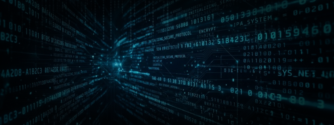 Dark blue digital tunnel with glowing binary code, circuit lines, and tech text like "ENCRYPT" and "SYSTEM" flowing toward center.