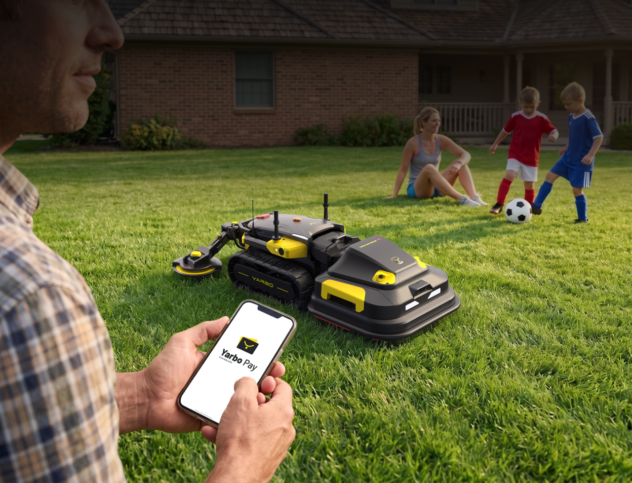 Man holds phone with "Yarbo Pay" app, controlling two black and yellow robotic mowers on a sunny lawn where a woman and two boys play soccer.