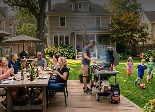 Family grilling and dining on a sunny backyard deck, children playing nearby with soccer ball, beer bottles and food on table.