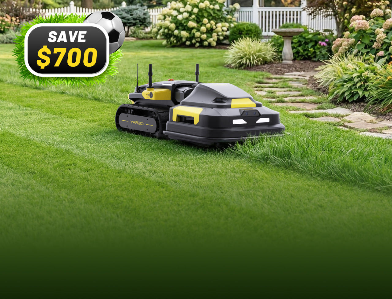 Black and yellow robotic lawn mower on green grass with "SAVE $700" graphic and garden background.