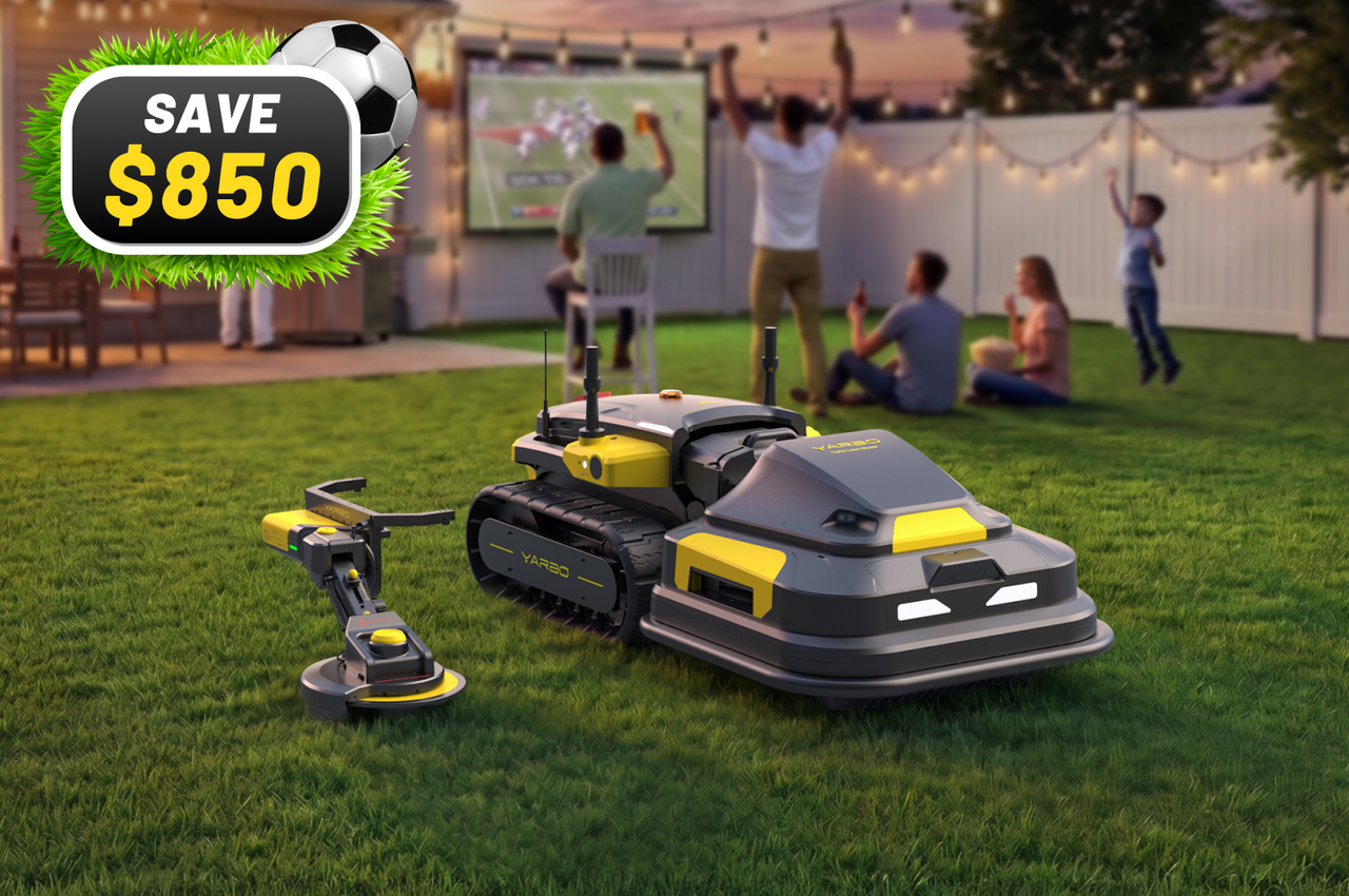 Gray and yellow YARBO robotic lawn mowers on green grass, with family watching soccer on outdoor screen, "SAVE $850" graphic in top left.