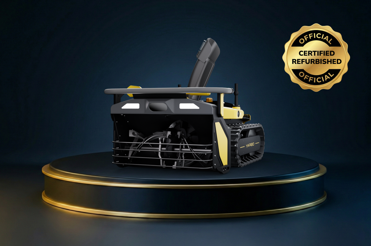 Black and yellow YARBO robotic lawn mower on dark pedestal with gold trim, official certified refurbished seal in top right.
