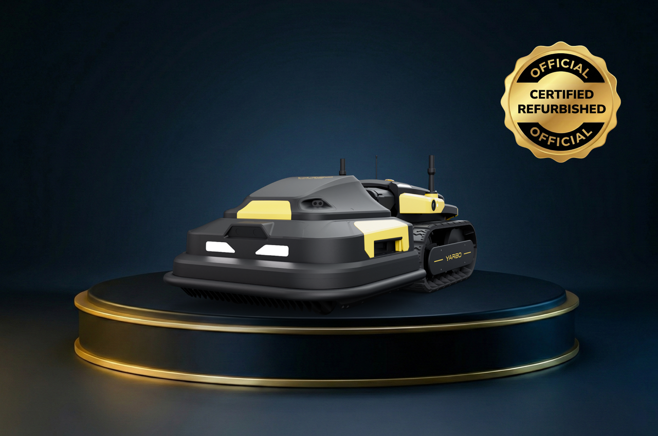Black and yellow YARBO robotic lawn mower on dark pedestal with gold trim, official certified refurbished badge in top right.