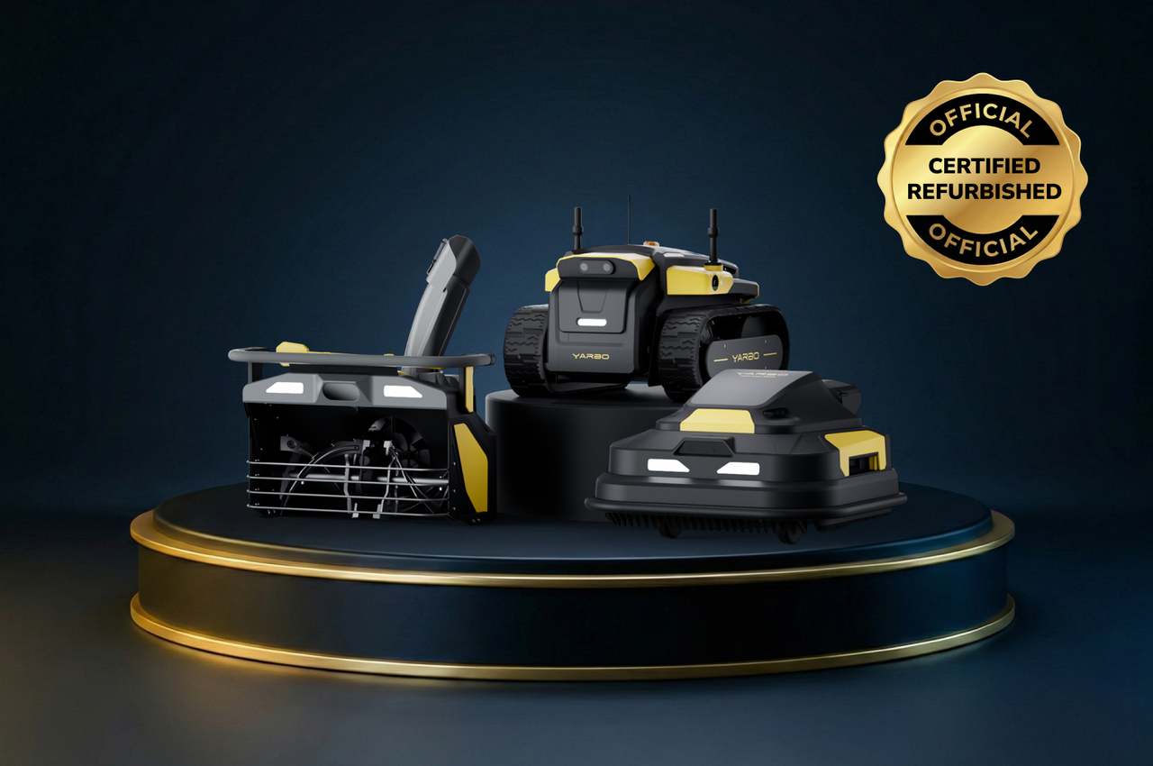 Three black and yellow YARBO robotic lawn mowers on a tiered display with a gold "Certified Refurbished" seal in the top right.