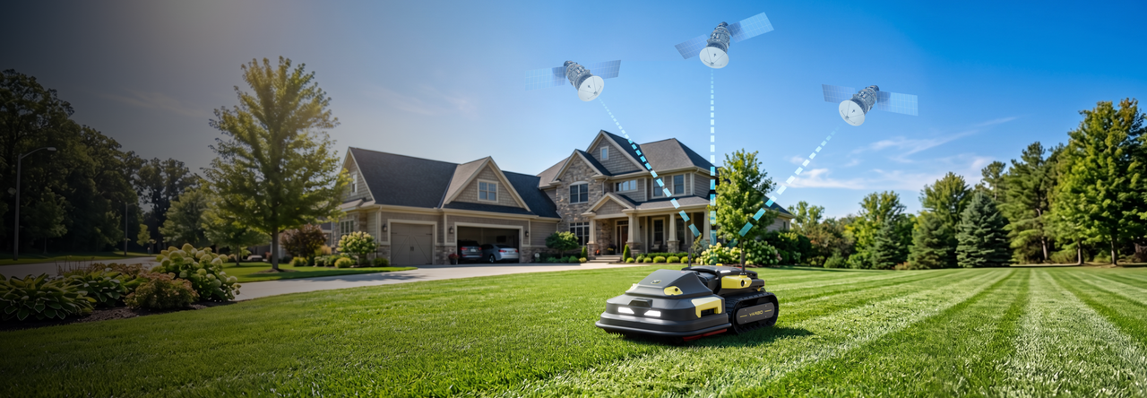 Robot lawn mower on green lawn in front of suburban home, connected via satellite signals under blue sky.